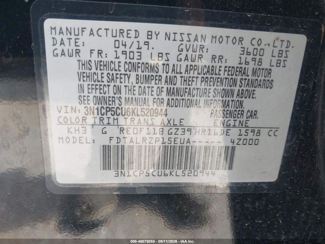 46078058 :رقم المزاد ، 3N1CP5CU6KL520944 vin ، 2019 Nissan Kicks S مزاد بيع