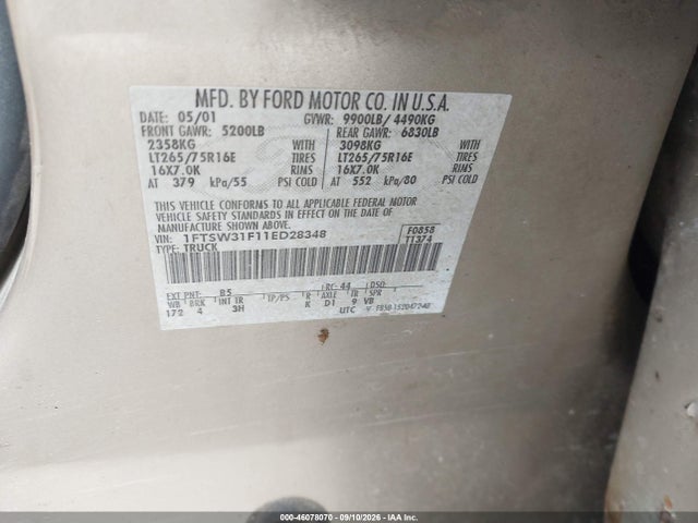 Продаж на аукціоні авто 2001 Ford F-350 Lariat/xl/xlt, vin: 1FTSW31F11ED28348, номер лоту: 46078070