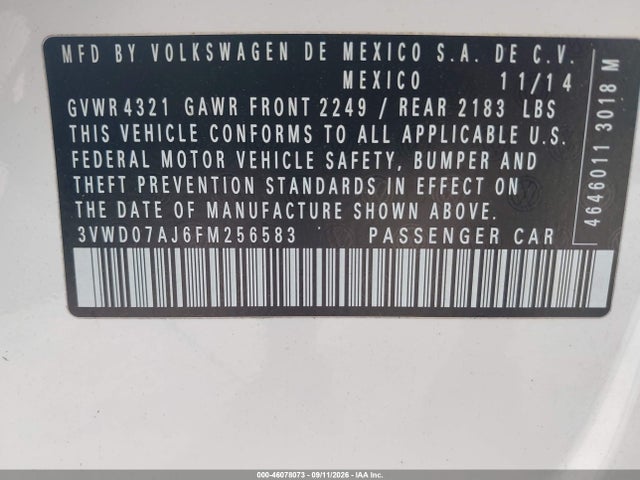 Продажа на аукционе авто 2015 Volkswagen Jetta 1.8t Se, vin: 3VWD07AJ6FM256583, номер лота: 46078073