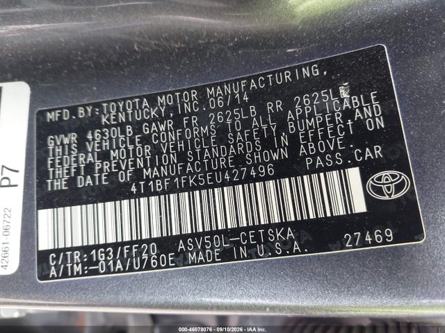 46078076 :رقم المزاد ، 4T1BF1FK5EU427496 vin ، 2014 Toyota Camry Se مزاد بيع