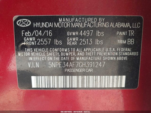Aukcja sprzedaży 2016 Hyundai Sonata Sport, vin: 5NPE34AF7GH391247, numer aukcji: 46078082