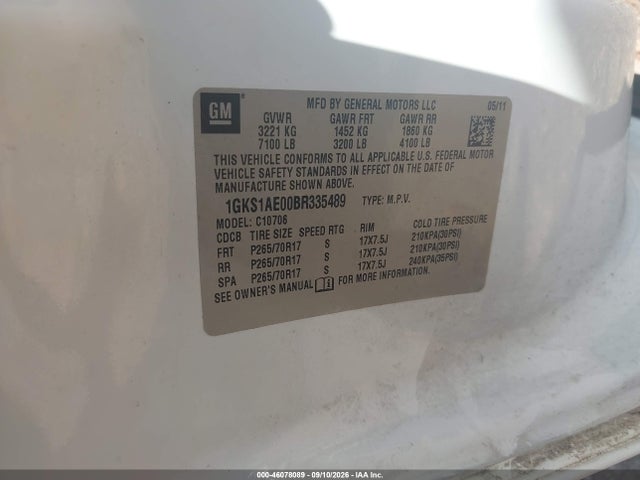 46078089 :رقم المزاد ، 1GKS1AE00BR335489 vin ، 2011 Gmc Yukon Sle مزاد بيع
