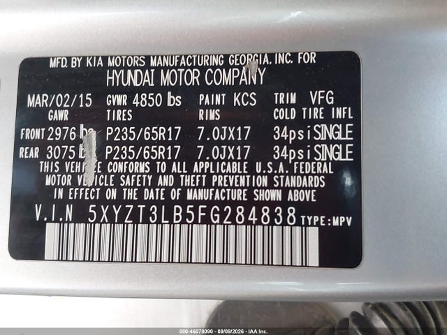 46078090 :رقم المزاد ، 5XYZT3LB5FG284838 vin ، 2015 Hyundai Santa Fe Sport 2.4l مزاد بيع