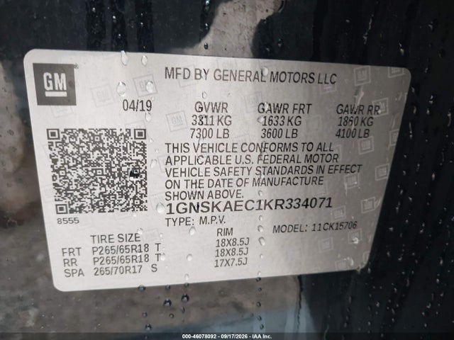 2019 Chevrolet Tahoe Ls მანქანა იყიდება აუქციონზე, vin: 1GNSKAEC1KR334071, აუქციონის ნომერი: 46078092