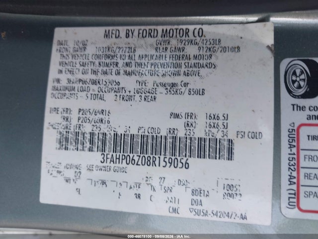 Aukcja sprzedaży 2008 Ford Fusion S, vin: 3FAHP06Z08R159056, numer aukcji: 46078100