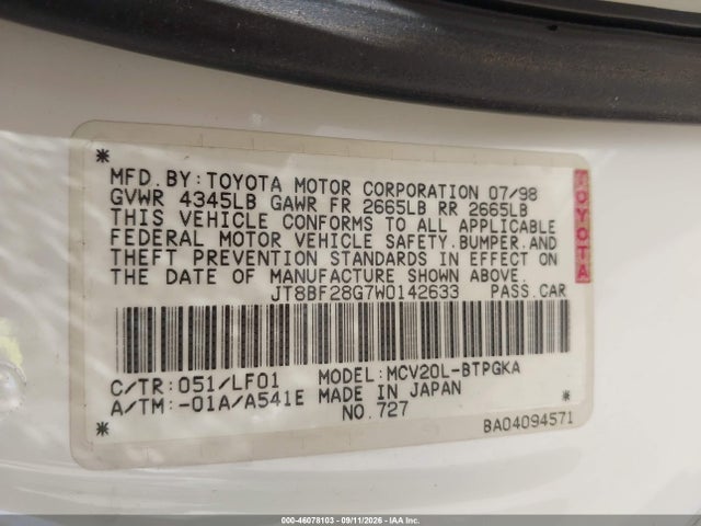 46078103 :رقم المزاد ، JT8BF28G7W0142633 vin ، 1998 Lexus Es 300 مزاد بيع
