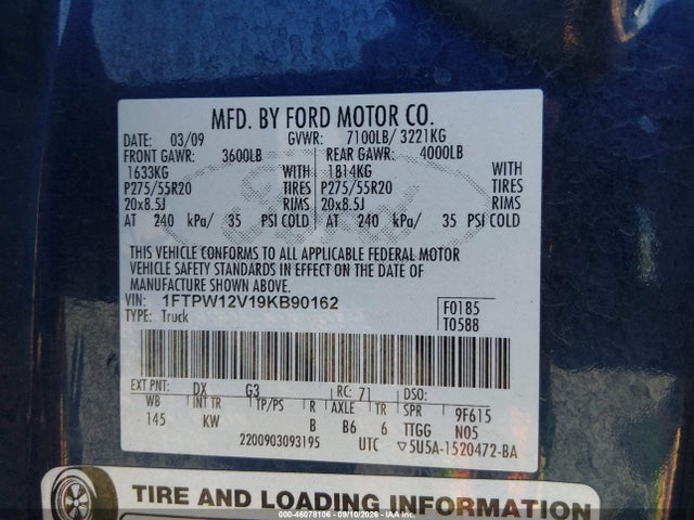 2009 Ford F-150 King Ranch/lariat/platinum/xl/xlt მანქანა იყიდება აუქციონზე, vin: 1FTPW12V19KB90162, აუქციონის ნომერი: 46078106