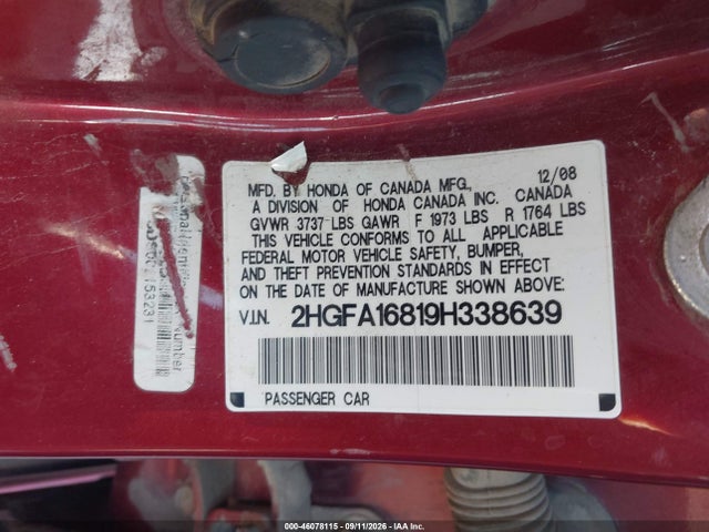 46078115 :رقم المزاد ، 2HGFA16819H338639 vin ، 2009 Honda Civic Ex مزاد بيع