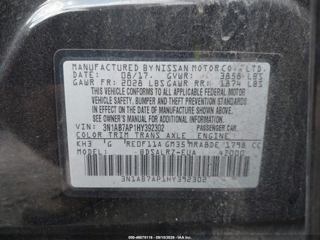 2017 Nissan Sentra Sr მანქანა იყიდება აუქციონზე, vin: 3N1AB7AP1HY392302, აუქციონის ნომერი: 46078116