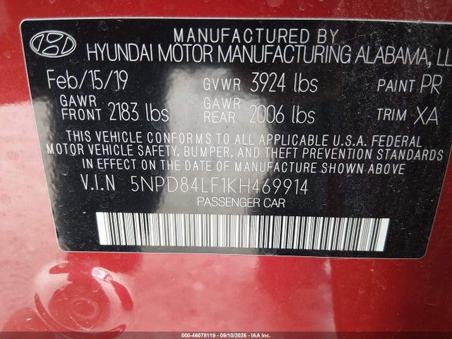 Продажа на аукционе авто 2019 Hyundai Elantra Value Edition, vin: 5NPD84LF1KH469914, номер лота: 46078119