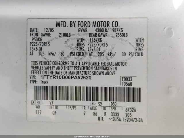 Продаж на аукціоні авто 2006 Ford Ranger Xl/xlt, vin: 1FTYR10D06PA52620, номер лоту: 46078149