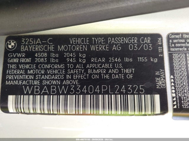 Aukcja sprzedaży 2004 Bmw 325ci, vin: WBABW33404PL24325, numer aukcji: 46078150