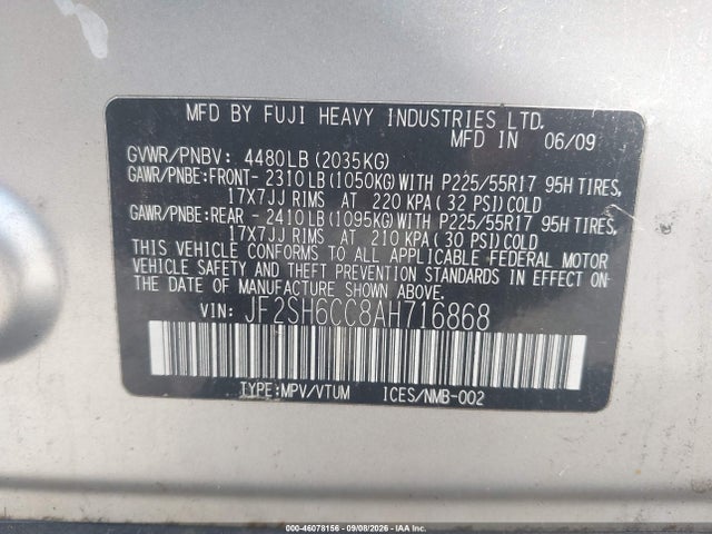 46078156 :رقم المزاد ، JF2SH6CC8AH716868 vin ، 2010 Subaru Forester 2.5x Premium مزاد بيع