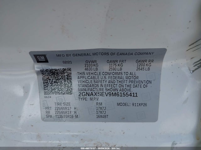 46078157 :رقم المزاد ، 2GNAXSEV9M6155411 vin ، 2021 Chevrolet Equinox Awd Ls مزاد بيع