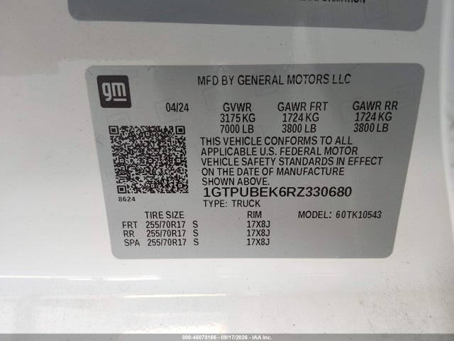 46078166 :رقم المزاد ، 1GTPUBEK6RZ330680 vin ، 2024 Gmc Sierra 1500 4wd  Short Box Sle مزاد بيع
