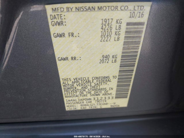 Aukcja sprzedaży 2017 Nissan Altima 2.5 S, vin: 1N4AL3AP0HN312333, numer aukcji: 46078170