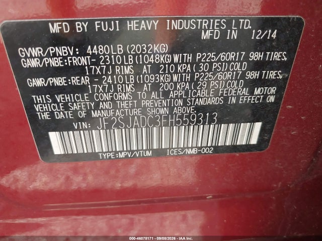 2015 Subaru Forester 2.5i Premium მანქანა იყიდება აუქციონზე, vin: JF2SJADC3FH559313, აუქციონის ნომერი: 46078171