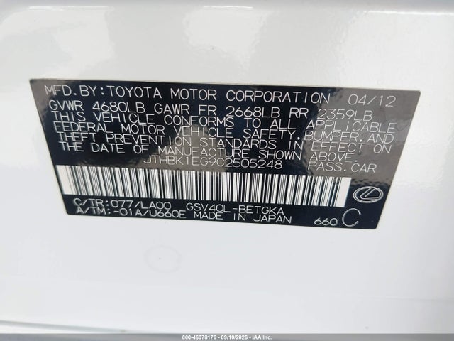 Aukcja sprzedaży 2012 Lexus Es 350, vin: JTHBK1EG9C2505248, numer aukcji: 46078176