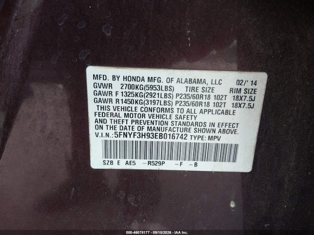 Продаж на аукціоні авто 2014 Honda Pilot Touring, vin: 5FNYF3H93EB016742, номер лоту: 46078177