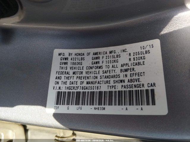 2016 Honda Accord Ex მანქანა იყიდება აუქციონზე, vin: 1HGCR2F78GA050167, აუქციონის ნომერი: 46078196