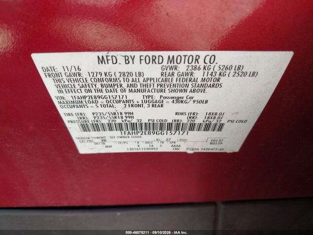 Aukcja sprzedaży 2016 Ford Taurus Sel, vin: 1FAHP2E89GG157171, numer aukcji: 46078211