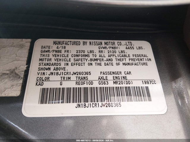 2018 Nissan Rogue Sport Sv მანქანა იყიდება აუქციონზე, vin: JN1BJ1CR1JW260365, აუქციონის ნომერი: 46078213