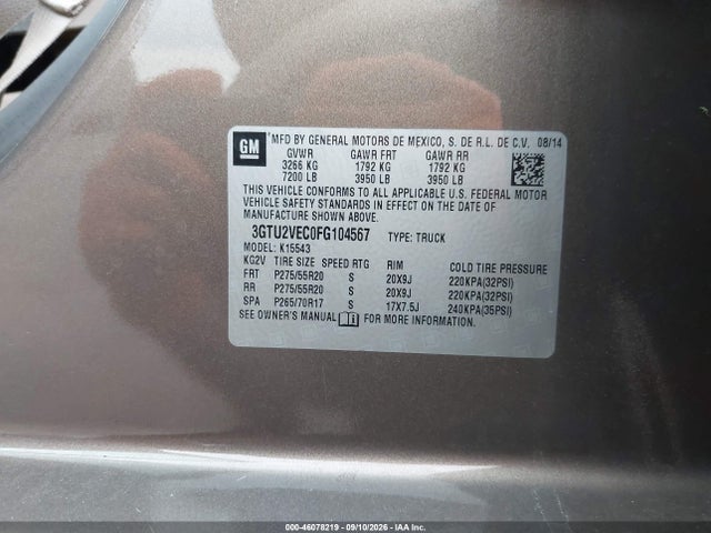 Продаж на аукціоні авто 2015 Gmc Sierra 1500 Slt, vin: 3GTU2VEC0FG104567, номер лоту: 46078219