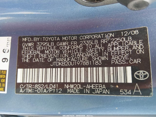 2009 Toyota Prius Touring მანქანა იყიდება აუქციონზე, vin: JTDKB20U197881183, აუქციონის ნომერი: 46078225