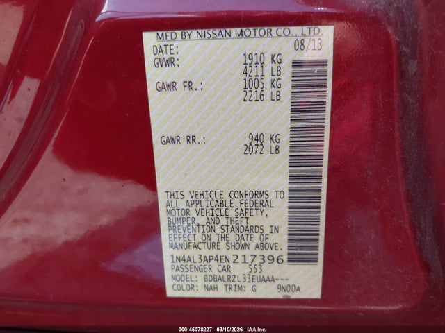 Продажа на аукционе авто 2014 Nissan Altima 2.5 S, vin: 1N4AL3AP4EN217396, номер лота: 46078227