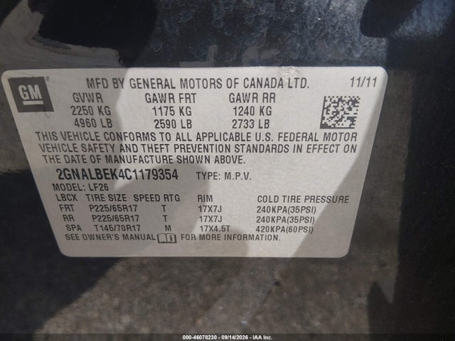 46078230 :رقم المزاد ، 2GNALBEK4C1179354 vin ، 2012 Chevrolet Equinox Ls مزاد بيع