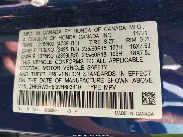 Продажа на аукционе авто 2022 Honda Cr-v Awd Ex-l, vin: 2HKRW2H80NH603410, номер лота: 46078233