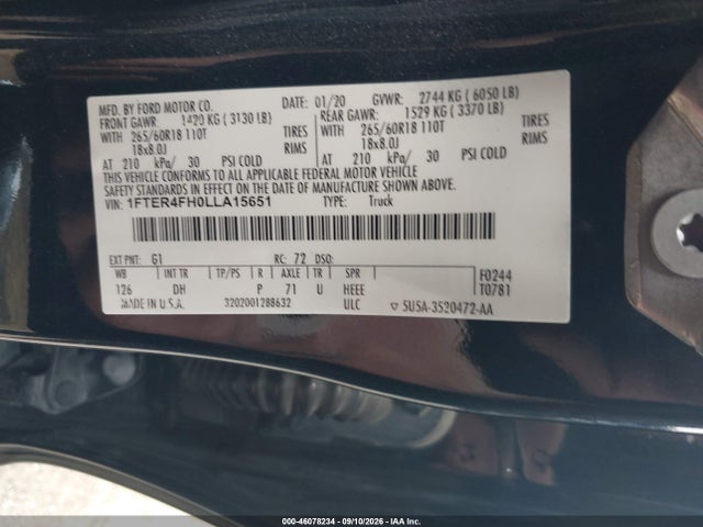 Продажа на аукционе авто 2020 Ford Ranger Lariat, vin: 1FTER4FH0LLA15651, номер лота: 46078234