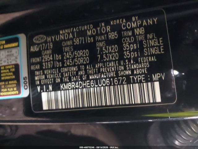 46078246 :رقم المزاد ، KM8R4DHE6LU061672 vin ، 2020 Hyundai Palisade Sel مزاد بيع