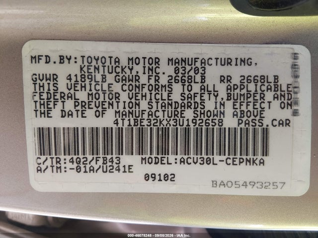 46078248 :رقم المزاد ، 4T1BE32KX3U192658 vin ، 2003 Toyota Camry Le مزاد بيع