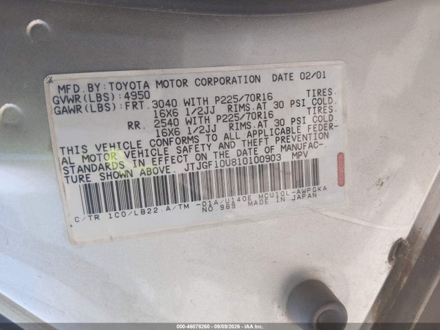46078260 :رقم المزاد ، JTJGF10U810100903 vin ، 2001 Lexus Rx 300 مزاد بيع