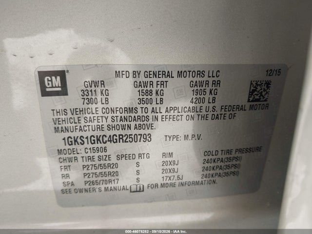 Aukcja sprzedaży 2016 Gmc Yukon Xl Slt, vin: 1GKS1GKC4GR250793, numer aukcji: 46078282