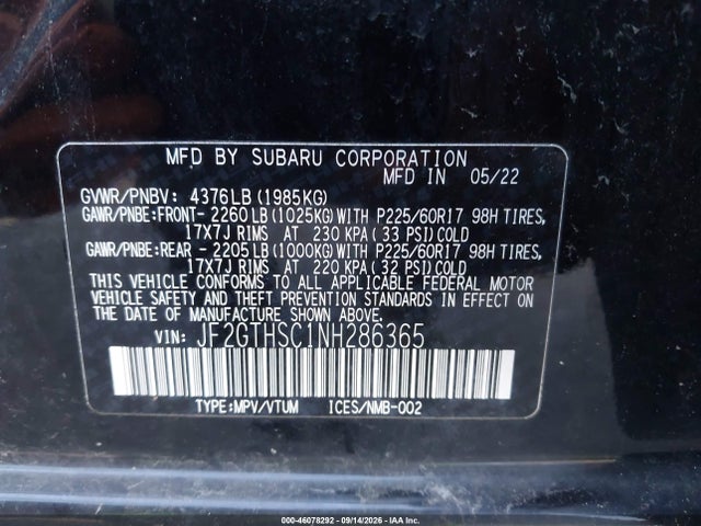 Продажа на аукционе авто 2022 Subaru Crosstrek Sport, vin: JF2GTHSC1NH286365, номер лота: 46078292