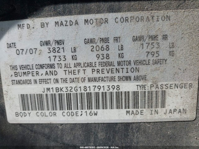 Aukcja sprzedaży 2008 Mazda Mazda3 I, vin: JM1BK32G181791398, numer aukcji: 46078293