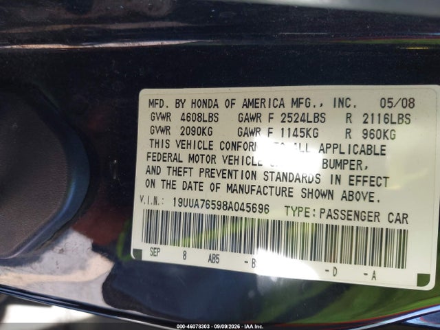 2008 Acura Tl Type S მანქანა იყიდება აუქციონზე, vin: 19UUA76598A045696, აუქციონის ნომერი: 46078303