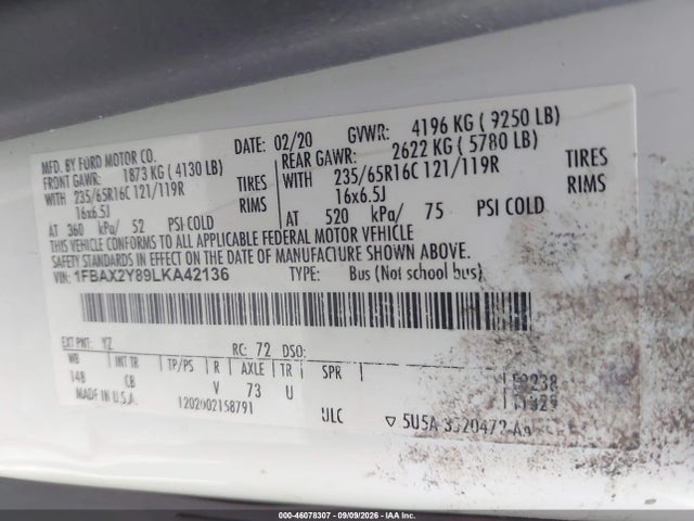 Продаж на аукціоні авто 2020 Ford Transit-350 Passenger Van Xlt, vin: 1FBAX2Y89LKA42136, номер лоту: 46078307