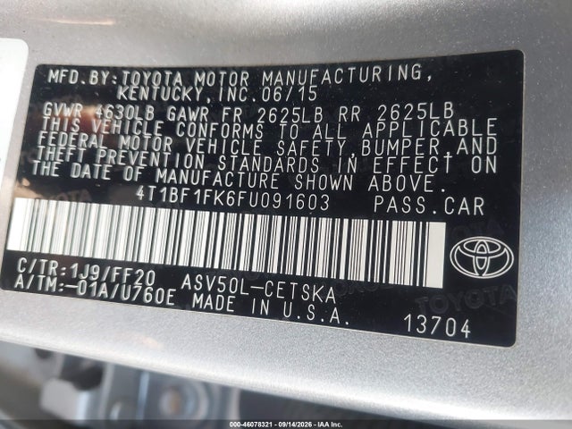 46078321 :رقم المزاد ، 4T1BF1FK6FU091603 vin ، 2015 Toyota Camry Se مزاد بيع