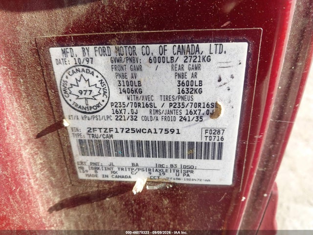 46078323 :رقم المزاد ، 2FTZF1725WCA17591 vin ، 1998 Ford F-150 Standard/xl/xlt مزاد بيع