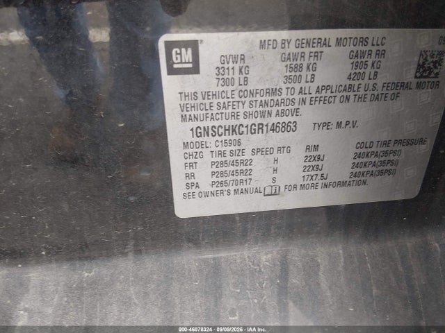 46078324 :رقم المزاد ، 1GNSCHKC1GR146863 vin ، 2016 Chevrolet Suburban Lt مزاد بيع