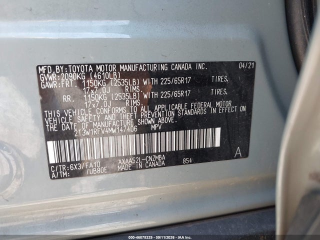 46078329 :رقم المزاد ، 2T3W1RFV4MW147406 vin ، 2021 Toyota Rav4 Xle مزاد بيع