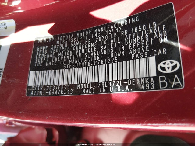Продажа на аукционе авто 2018 Toyota Corolla Le, vin: 5YFBURHE6JP784225, номер лота: 46078332