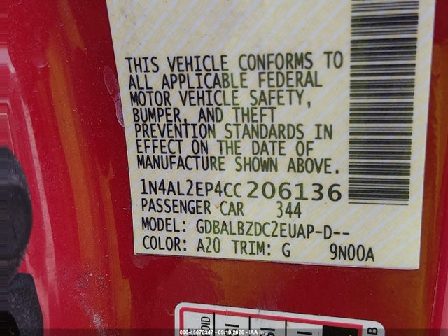 2012 Nissan Altima 2.5 S მანქანა იყიდება აუქციონზე, vin: 1N4AL2EP4CC206136, აუქციონის ნომერი: 46078347