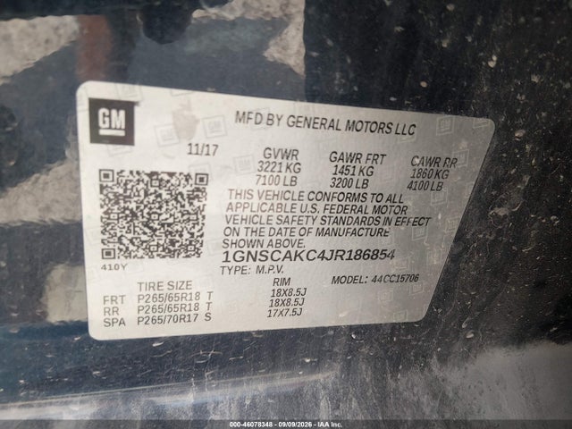 2018 Chevrolet Tahoe Ls მანქანა იყიდება აუქციონზე, vin: 1GNSCAKC4JR186854, აუქციონის ნომერი: 46078348