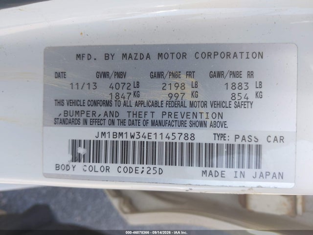 2014 Mazda Mazda3 S Grand Touring მანქანა იყიდება აუქციონზე, vin: JM1BM1W34E1145788, აუქციონის ნომერი: 46078366