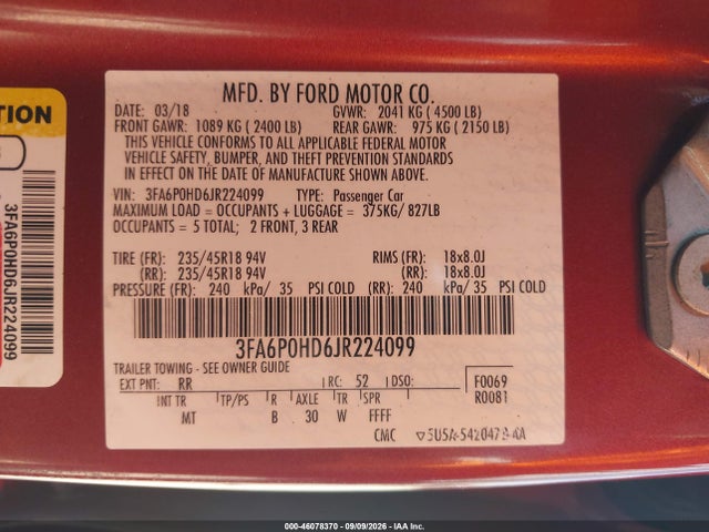 2018 Ford Fusion Se მანქანა იყიდება აუქციონზე, vin: 3FA6P0HD6JR224099, აუქციონის ნომერი: 46078370