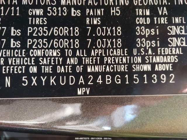 46078375 :رقم المزاد ، 5XYKUDA24BG151392 vin ، 2011 Kia Sorento Ex V6 مزاد بيع